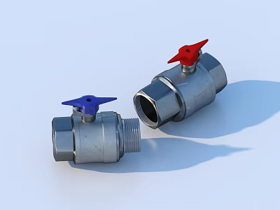 Stainless Steel Pipe Valves With Blue And Red Handles For Plumbing Systems 3d model