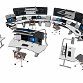 Modern Office Desks With Curved Design Multiple Monitors And Ergonomic Chairs