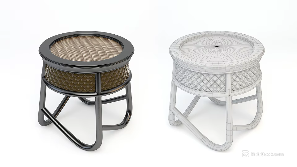 Two Modern Stools With Woven Seat And Black White Frame Design For Home Decor 3d model 