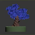 Blue Decorative Tree with Brown Twisted Trunk and Green Grass on Circular Base