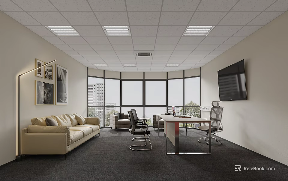 Modern Office Interior With Open Layout Large Windows Sofa Desk TV And Gray Carpet 3d model