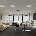 Modern Office Interior With Open Layout Large Windows Sofa Desk TV And Gray Carpet 3d model