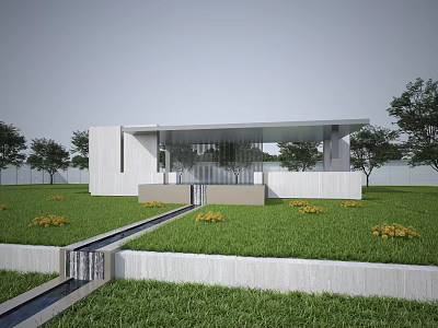 Modern White House With Courtyard Grass Water Feature And Glass Walls 3d model