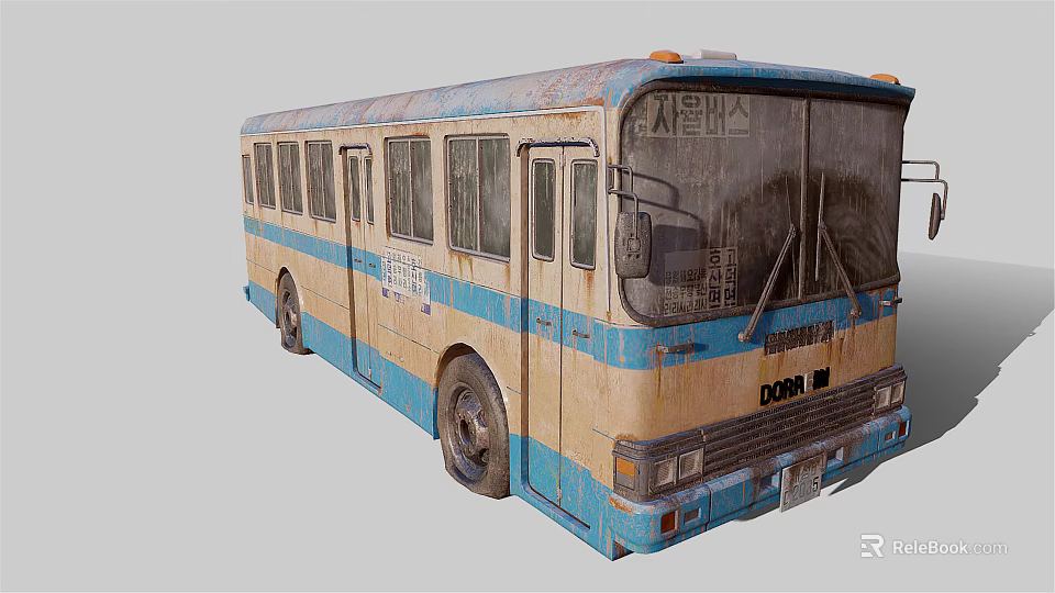 Old Blue And Beige Bus With Weathered Body Vintage Windows And Metal Wheels 3d model 