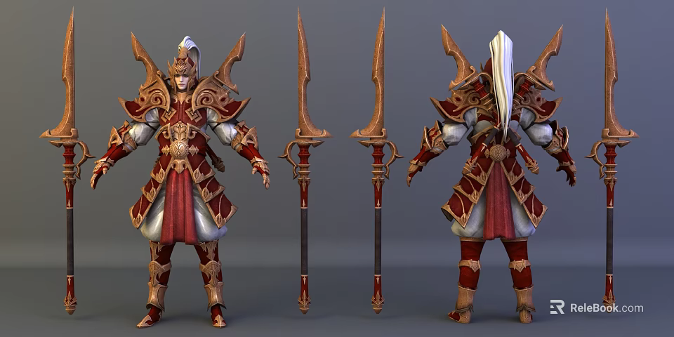 Game and Movie Character in Ornate Red Gold Armor with Spear Weapons Front Back Views 3d model