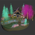 Cartoon Scene Featuring Small House Pine Trees Weeping Willow Pathway And Green Lawn