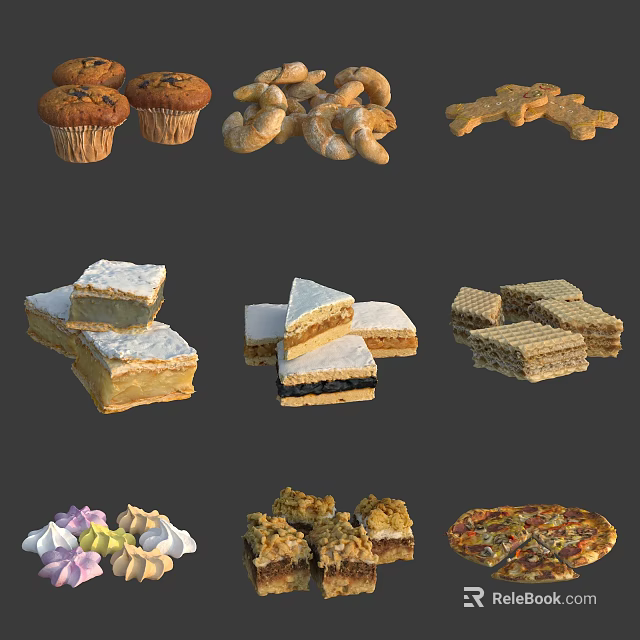 Assorted Baked Foods Including Muffins Pretzels Cookies Cake Slices Waffles Marshmallows And Pizza 3d model 