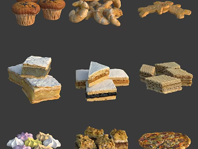 Assorted Baked Foods Including Muffins Pretzels Cookies Cake Slices Waffles Marshmallows And Pizza 3d model