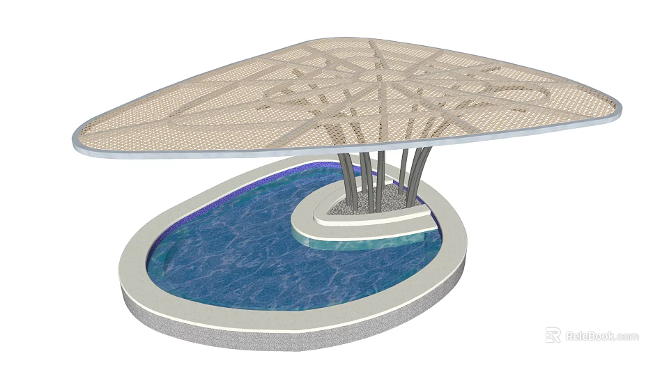 Garden Landscape Design With Circular Pool Net Like Canopy And Supporting Pillars 3d model