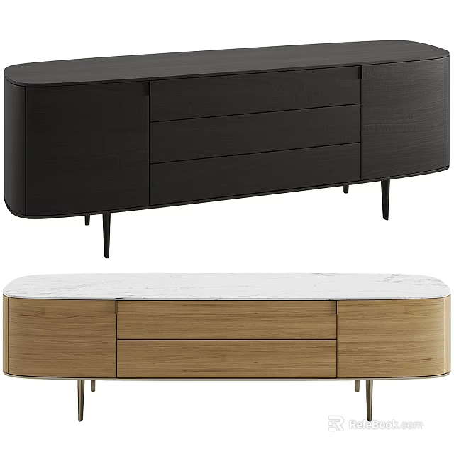 Modern TV Stand With Wooden Finish Marble Top Metal Legs And Storage Drawers 3d model 
