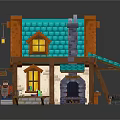 Cartoon Style House Scene with Orange Roof Blue Tiles Chimney Windows and Front Table Decorations