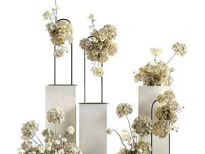 Elegant Modern White Flower Arrangements In Metal Stands And White Vases 3d model