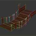 Wooden Pedestrian Bridge Structure With Rope Railings And Wooden Signpost