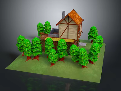 Traditional Wooden House with Orange Roof Surrounded by Green Trees and Small Yard 3d model