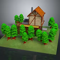Traditional Wooden House with Orange Roof Surrounded by Green Trees and Small Yard