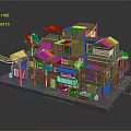Cartoon Scene of Quaint Brick Buildings With Colorful Awnings Small Shops and Signboards