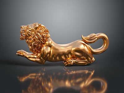 Golden Lion Statue With Detailed Mane And Shiny Surface Lying On Reflective Base 3d model