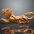 Golden Lion Statue With Detailed Mane And Shiny Surface Lying On Reflective Base