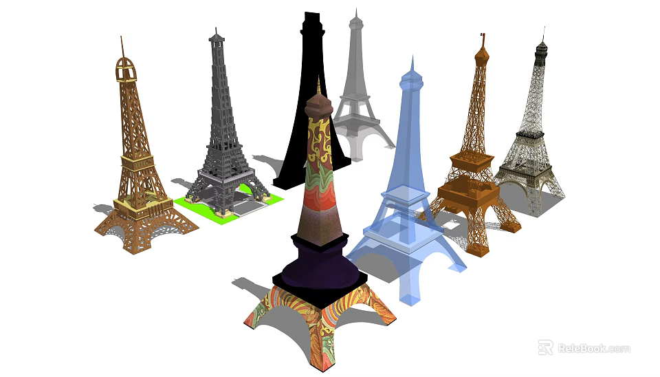 Decorative Ornament Set With Various Eiffel Tower Figurines In Multicolored Styles 3d model 
