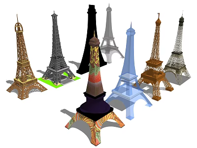 Decorative Ornament Set With Various Eiffel Tower Figurines In Multicolored Styles 3d model