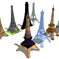 Decorative Ornament Set With Various Eiffel Tower Figurines In Multicolored Styles