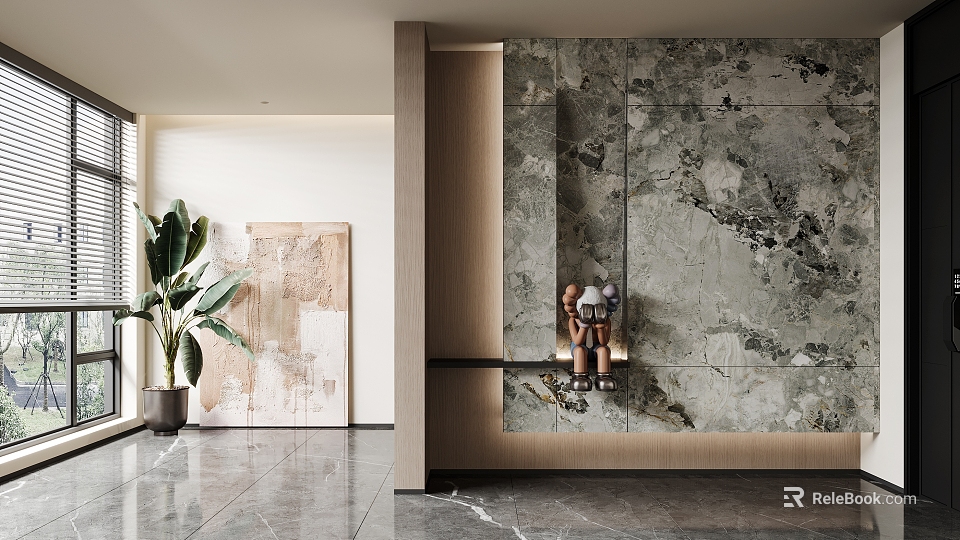 Modern Entryway Hallway Design With Marble Wall Decorative Painting Green Plant And Marble Floor 3d model 