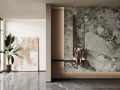 Modern Entryway Hallway Design With Marble Wall Decorative Painting Green Plant And Marble Floor 3d model