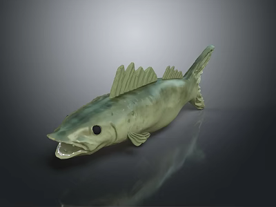 Detailed Green Fish 3D Model with Open Mouth and Fins on Dark Reflective Surface 3d model
