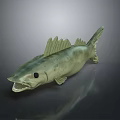 Detailed Green Fish 3D Model with Open Mouth and Fins on Dark Reflective Surface