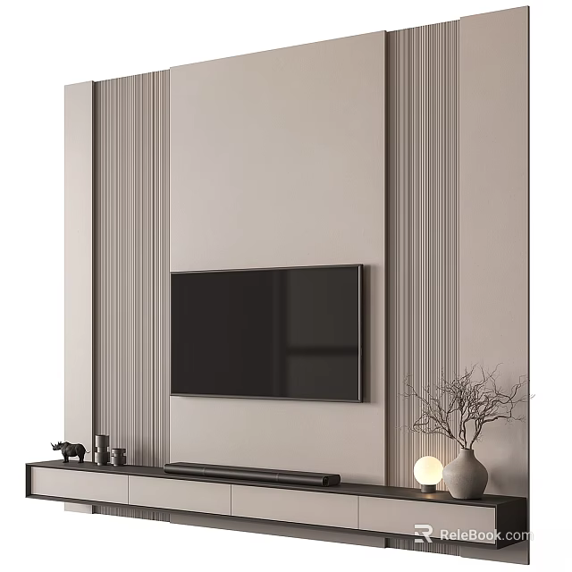 Modern Neutral TV Background Wall Design With Vertical Panels And TV Stand Decorations 3d model 