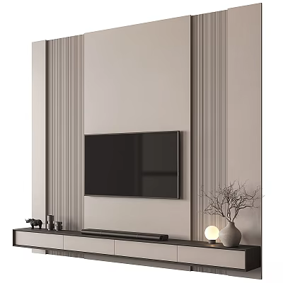 Modern Neutral TV Background Wall Design With Vertical Panels And TV Stand Decorations 3d model