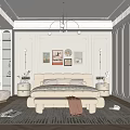 Elegant Modern Bedroom Interior Design With Beige Bed Nightstands Rug Chandelier And Decorative Paintings
