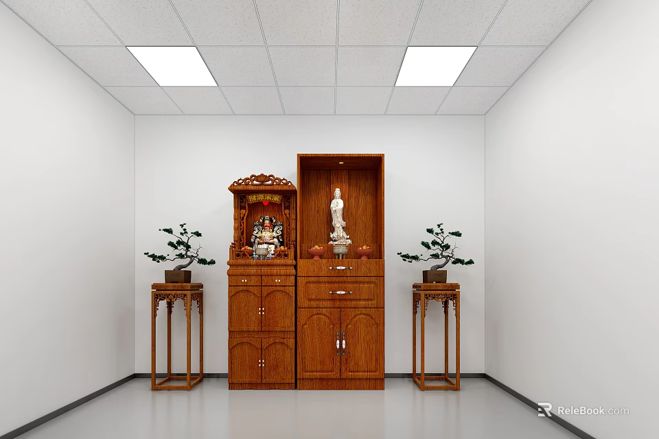 Religious Faith Worship Area Featuring Wooden Cabinet Buddha Statue And Potted Plants 3d model 