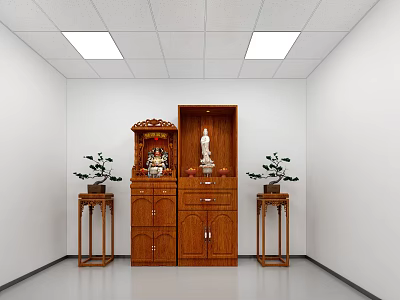 Religious Faith Worship Area Featuring Wooden Cabinet Buddha Statue And Potted Plants 3d model
