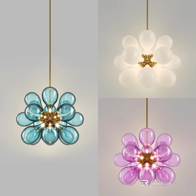 Modern Flower Shaped Chandeliers with Colorful Glass Globes and Golden Centers 3d model 