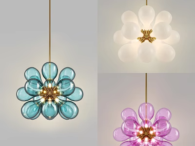 Modern Flower Shaped Chandeliers with Colorful Glass Globes and Golden Centers 3d model