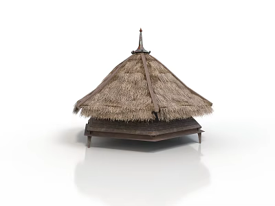 Traditional Conical Thatched Roof Building With Wooden Base And Spire Decoration 3d model