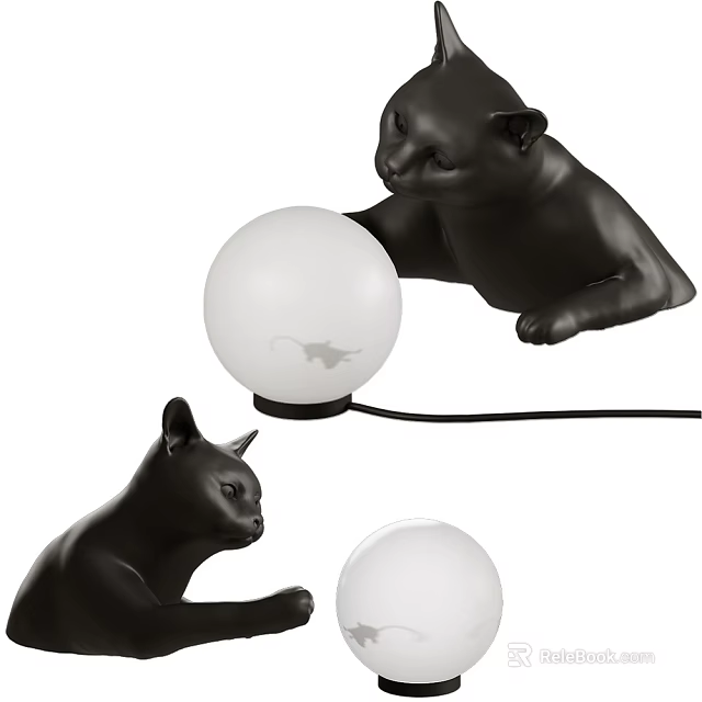 Decorative Black Cat Shaped Table Lamp With White Round Shade Modern Design 3d model 