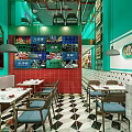 Vibrant Restaurant Interior With Green Walls Red Tiles Geometric Floor And Dining Tables Chairs