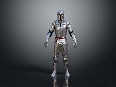 Medieval Knight Armor With Silver Metallic Shine And Red Sash Standing On Dark Background 3d model