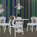Modern Wooden Dining Table Set With Floral Pattern Chairs Green Wall And Pendant Light