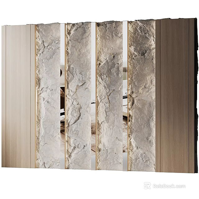 Stone Texture Accent Wall Design With Wooden Frames And Mirrored Sections For Modern Interior Decor 3d model