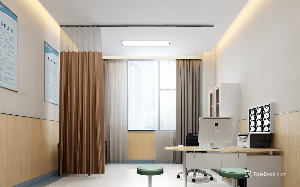 Hospital Outpatient Clinic Interior With Curtains Computer Desk Stools And Window 3d model 