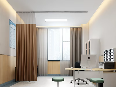 Hospital Outpatient Clinic Interior With Curtains Computer Desk Stools And Window 3d model