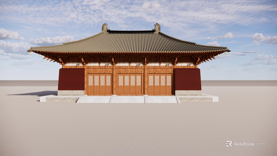 Ancient Chinese Architecture With Traditional Tiled Roof Red Walls And Wooden Doors 3d model 