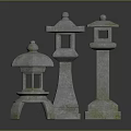 Three Variously Designed Stone Lanterns With Mossy Surfaces On Reflective Dark Background