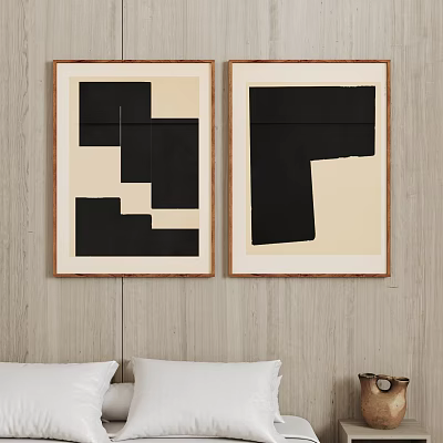 Wooden Wall With Abstract Art Prints In Bedroom 3d model