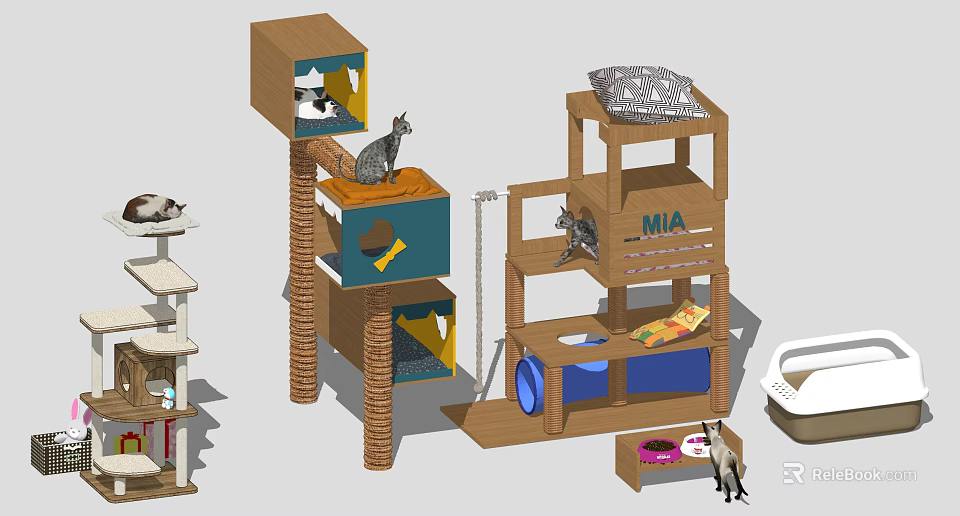 Multi Level Wooden Cat Tree With Platforms Cubby Holes And Scratching Posts 3d model