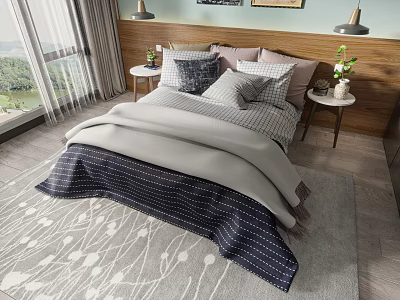 Cozy Modern Double Bed With Wooden Headboard Bedside Tables And Window View 3d model