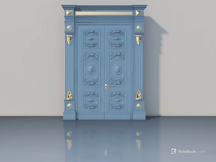 Elegant Blue Swing Door With Golden Decorations And Carved Patterns 3d model 